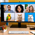**

A diverse group of people cheerfully participating in a virtual "pet show" via video conference. One person is holding up a fluffy Persian cat, another is showcasing a colourful Macaw parrot, and another is presenting a cute hamster in a wheel. The background shows each participant in their home office setup. The overall scene should be warm, inviting, and highlight the fun of virtual social interaction in a remote work environment.

**