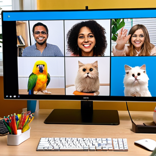 Home 11 **
A diverse group of people cheerfully participating in a virtual "pet show" via video conference. One person is holding up a fluffy Persian cat, another is showcasing a colourful Macaw parrot, and another is presenting a cute hamster in a wheel. The background shows each participant in their home office setup. The overall scene should be warm, inviting, and highlight the fun of virtual social interaction in a remote work environment.
**