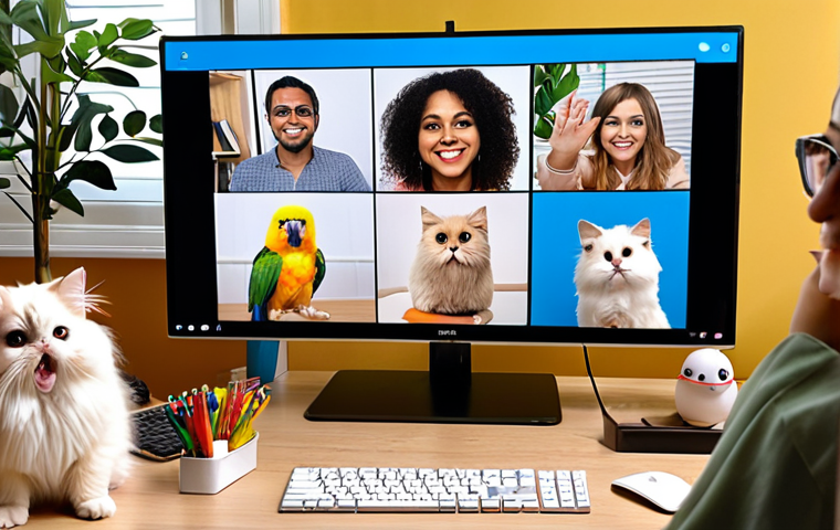 **
A diverse group of people cheerfully participating in a virtual "pet show" via video conference. One person is holding up a fluffy Persian cat, another is showcasing a colourful Macaw parrot, and another is presenting a cute hamster in a wheel. The background shows each participant in their home office setup. The overall scene should be warm, inviting, and highlight the fun of virtual social interaction in a remote work environment.
**