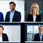 A diverse group of professional individuals from various cultural backgrounds, each in modest business casual attire, fully clothed, appropriate attire. They are engaged in a dynamic virtual team meeting, appearing on separate screens within a cohesive digital conference interface. The background showcases subtle hints of their respective global locations, symbolizing a connected global team. Light streams from their screens, highlighting their faces with expressions of focused collaboration and innovation. Professional photography, high-resolution, vibrant colors, natural lighting, perfect anatomy, correct proportions, well-formed hands, proper finger count, natural body proportions, safe for work, appropriate content, fully clothed, family-friendly.