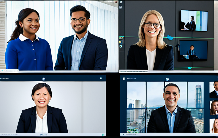 A diverse group of professional individuals from various cultural backgrounds, each in modest business casual attire, fully clothed, appropriate attire. They are engaged in a dynamic virtual team meeting, appearing on separate screens within a cohesive digital conference interface. The background showcases subtle hints of their respective global locations, symbolizing a connected global team. Light streams from their screens, highlighting their faces with expressions of focused collaboration and innovation. Professional photography, high-resolution, vibrant colors, natural lighting, perfect anatomy, correct proportions, well-formed hands, proper finger count, natural body proportions, safe for work, appropriate content, fully clothed, family-friendly.